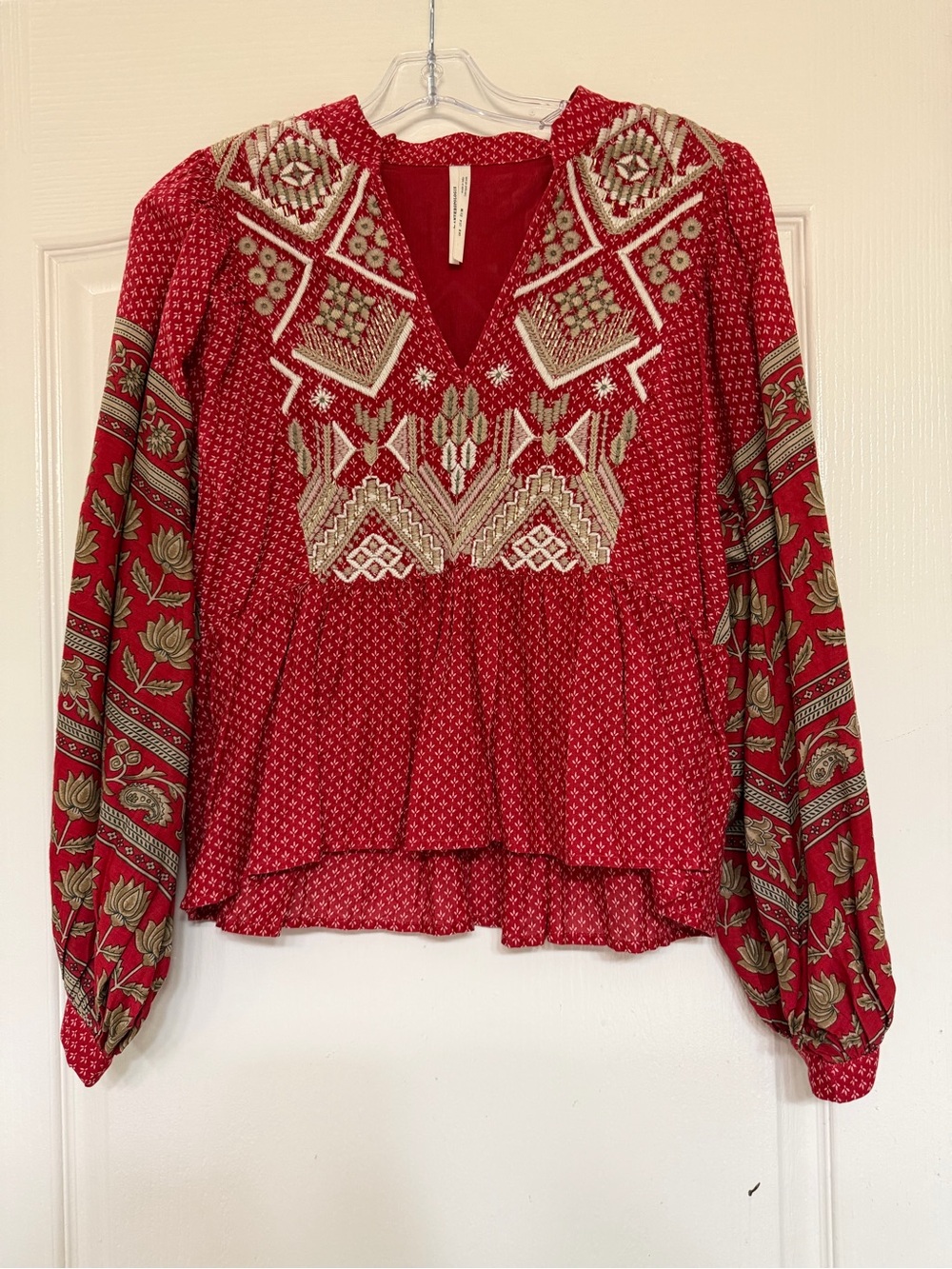 By Anthropologie Red Embroidered Boho Peasant Top Metallic Block Print Sz 4
